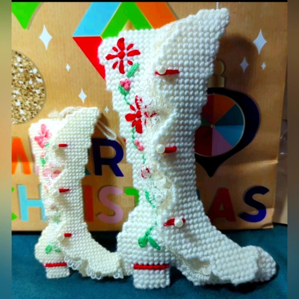 HandCrafted Yarn Crochet Christmas Ornaments 1 Large Boot-1 Small Boot W/Pearls